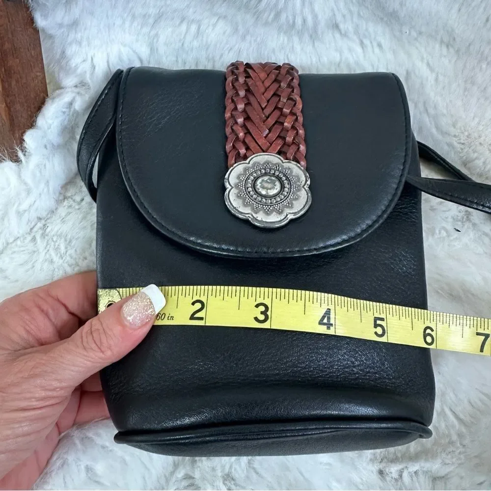 Vintage Brighton Black Brown Leather Flower Adorn Saddle Bucket Crossbody Bag
